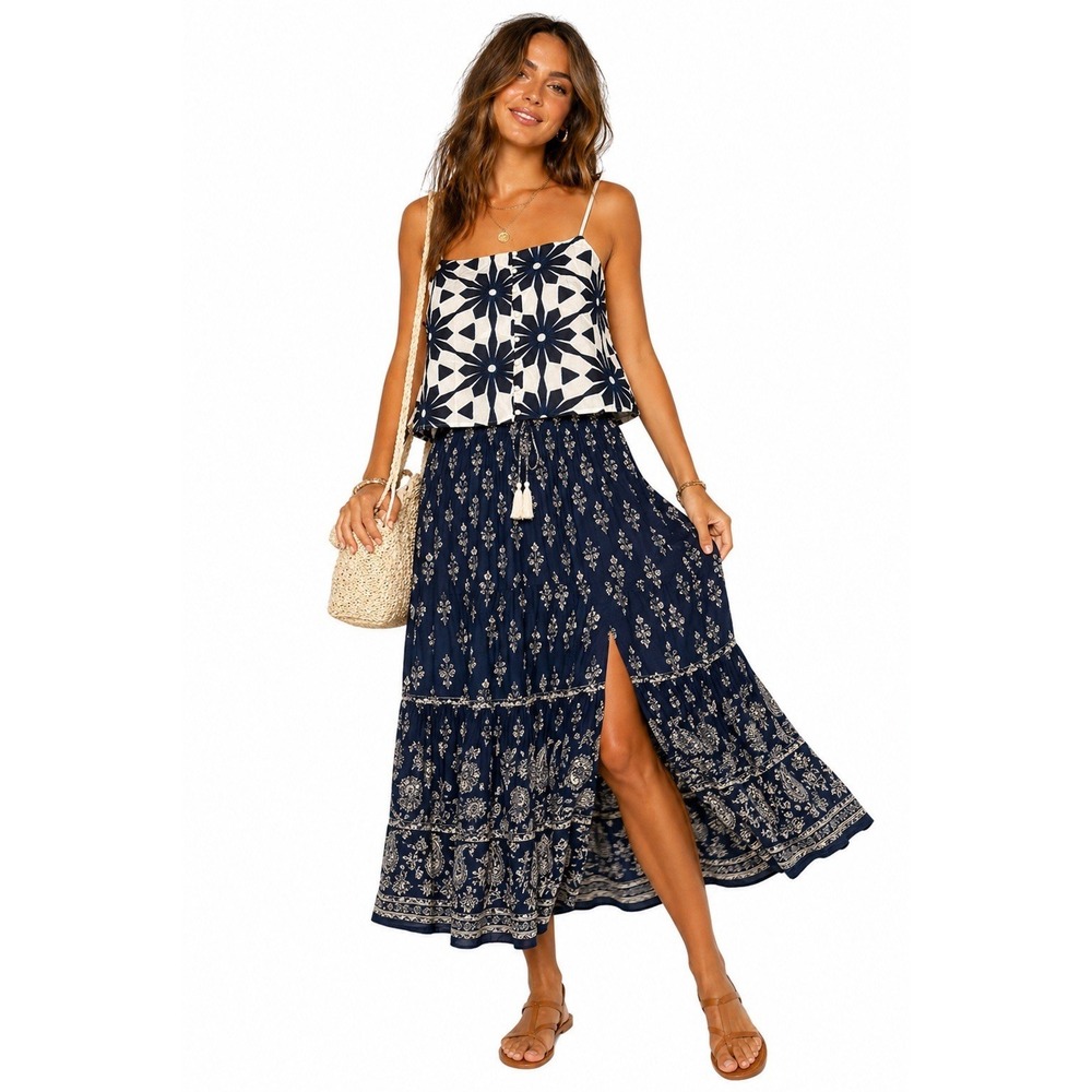 Skies Are Blue Crop Tank Top Navy & White Geometric Floral Button Back Boho S